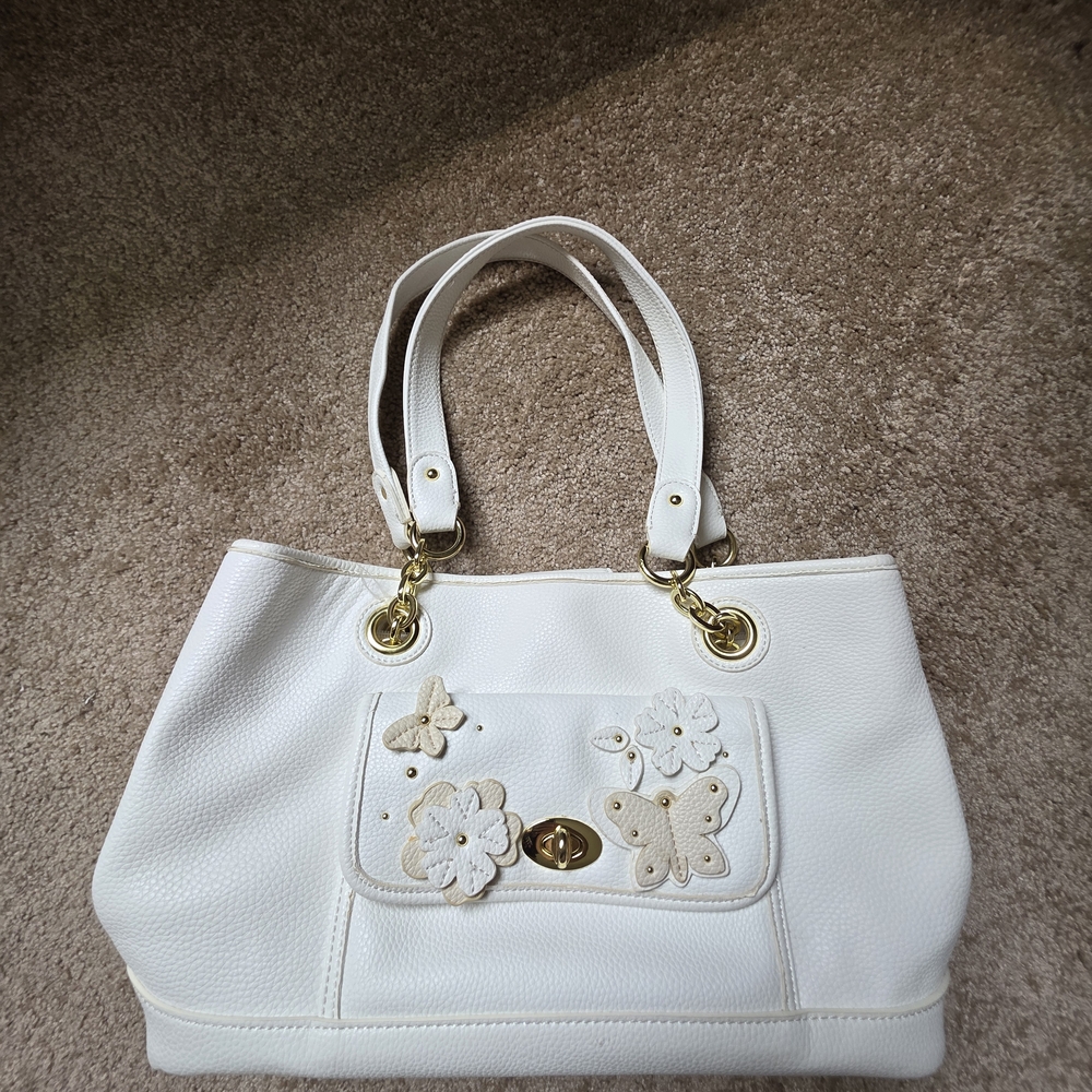 Liz Claiborne Elegant White Tote Bag with Floral Accents